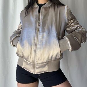 Taupe oversized bomber shiny puffer jacket